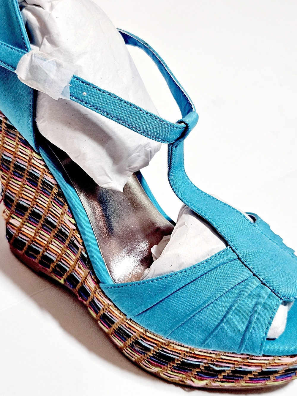 *NIB Qupid Multicolor Woven Espadrille Wedge Platform Sandals Turquoise Sz 8.5 - Picture 2 of 14
